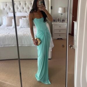 Strapless Aqua Maxi Dress with Twist Front